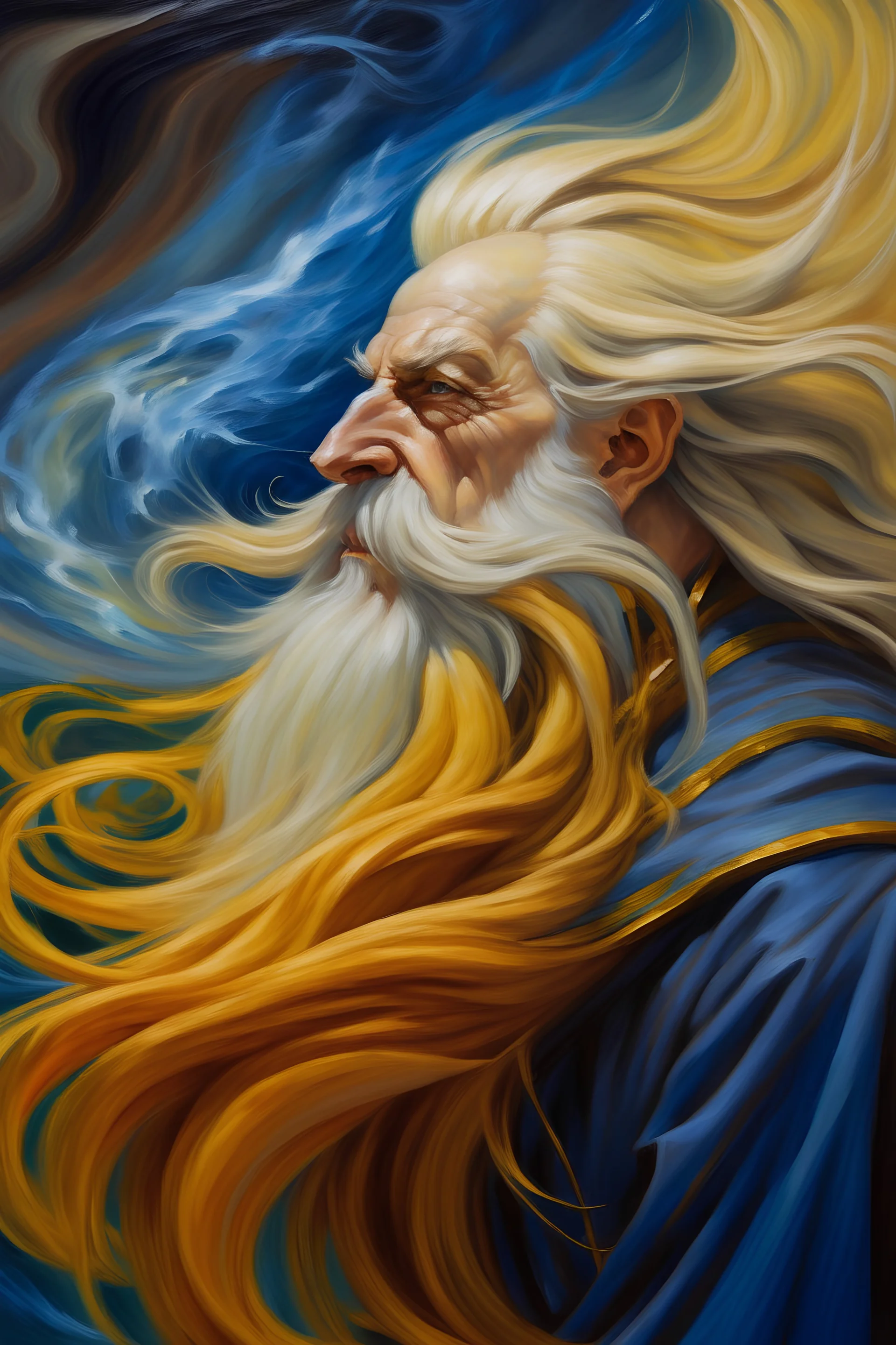 wizard with golden hair blowing in a wind painting