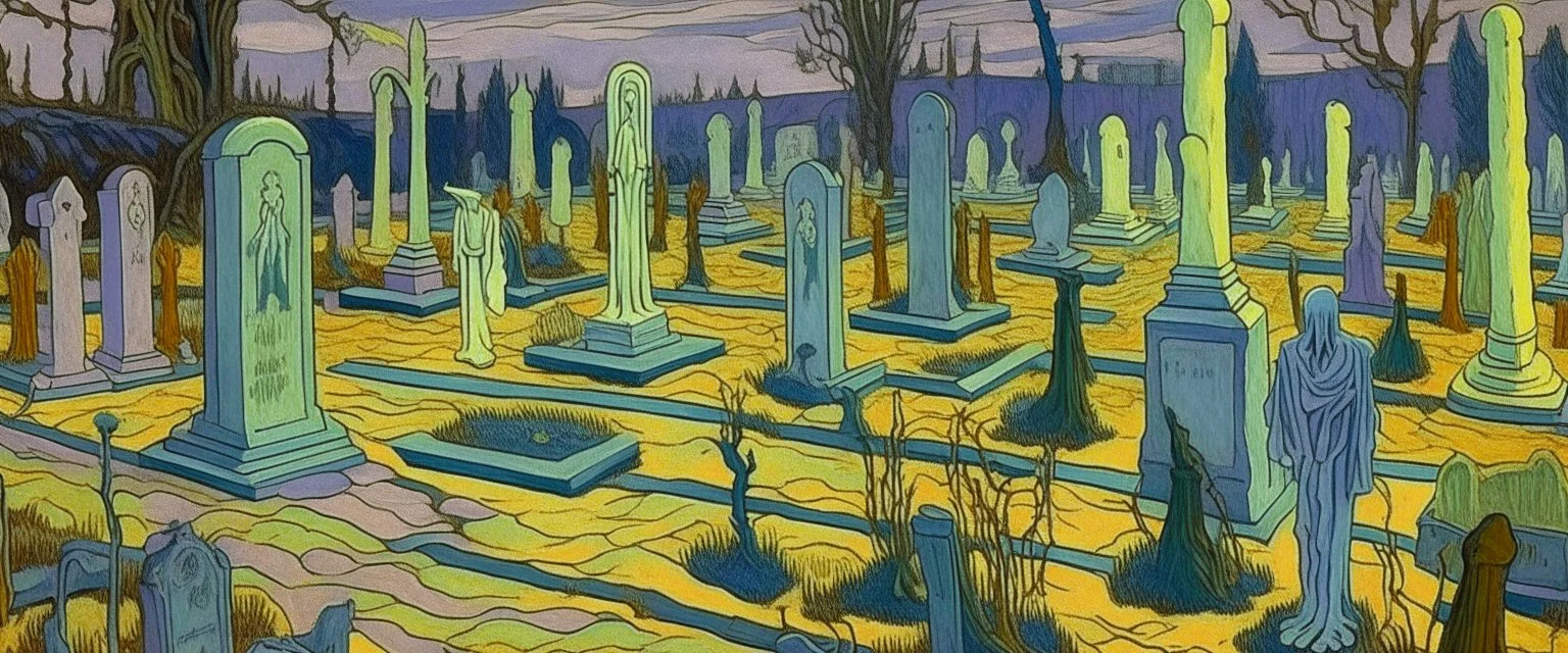 A light purple haunted graveyard filled with ghosts painted by Vincent van Gogh