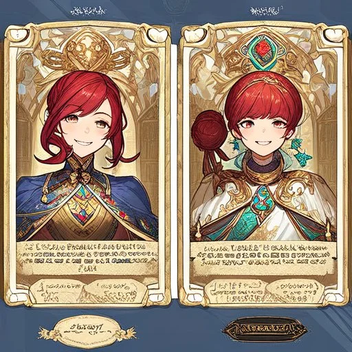 a young noble woman, red hair bun, smiling, joyful, happy to see us, wearing a turquoise embroidered gown with perls, renaissance era, in a ballroom, highly detailed, illustration, character art