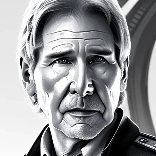 portrait of harrison ford as captain han solo, brown eyes, with realistic and extrem light facial skin, cinematic lighting, photorealistic, volumetric light and shadow, hyper HD, octane render, unreal engine, insanely detailed and intricate, hyper-realistic, space background, watercolour on white paper