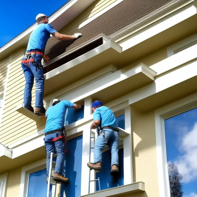 Two dudes standing on a ladder reaching up onto the edge of a house installing seamless gutters to the fascia