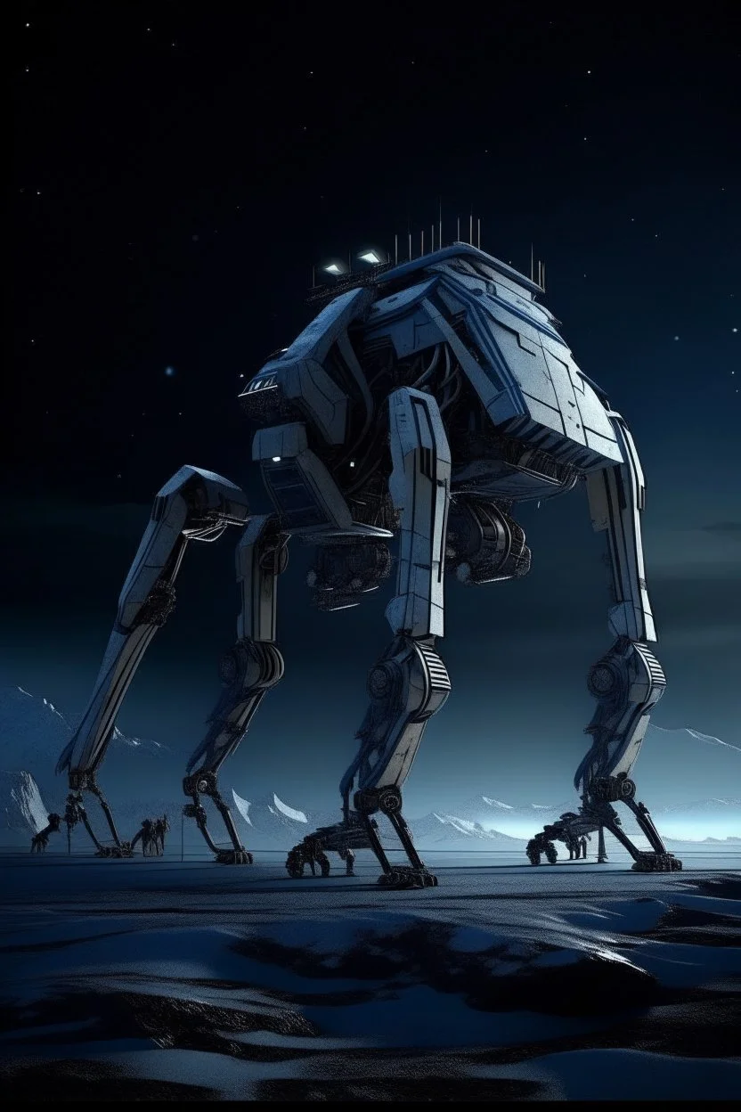 I want an image of a eight legged mechanical walker mech scaling the side of mout everest at night, it has a smooth surface, it has storage pods on its belly human can fit in the pods