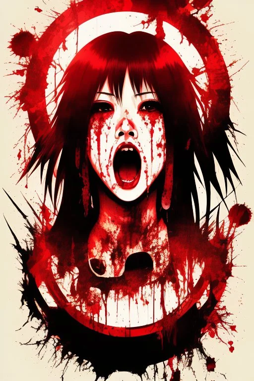 90s Japanese horror illustration, cartoonist Anime art, a woman screaming beheaded, bloody, splatter, gore art, pixelated art, high definition, giallo style, dario argento,