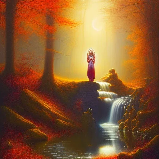 spray painted fantasy art, book illustration,portrait of high priestess with white table by a dam ,autumn water, evening