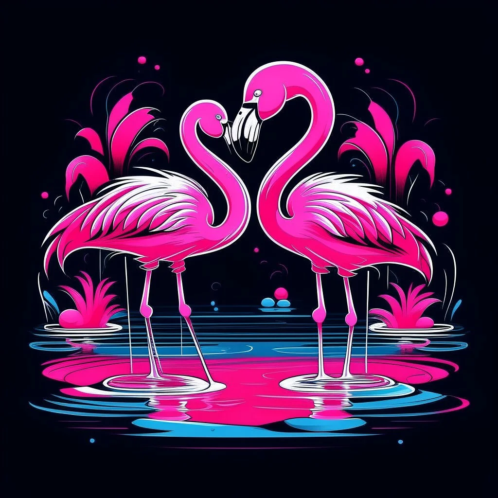 A pair of flamingos in a pool, whimsical, exotic, neon lighting, T-shirt design graphic, vector, contour, white background