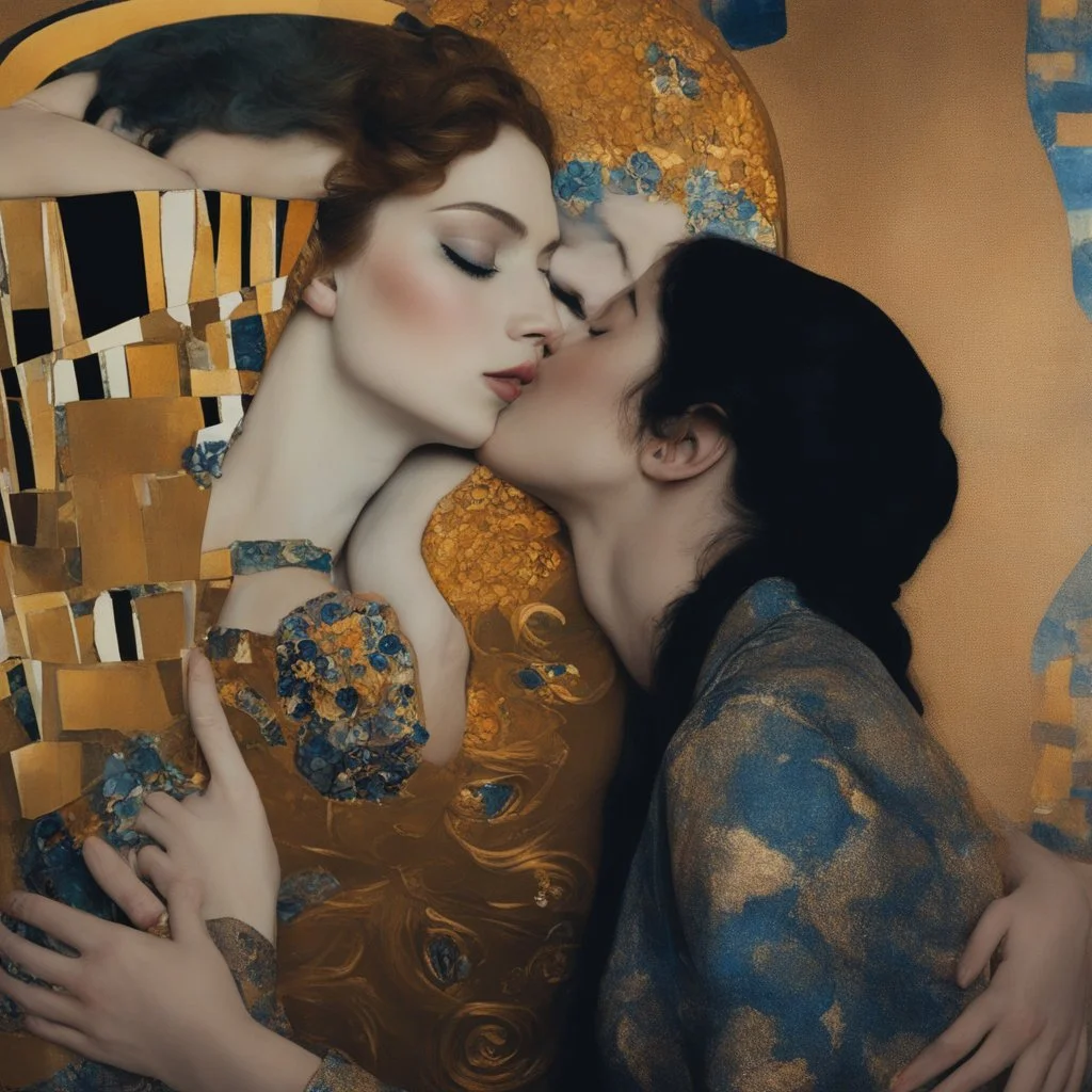 Masterpiece, fine art, award winning, "like Gustav Klimt : the Kiss in a chair" 2 w, RAW photo, eye candy in the style of (petra collins::Robin Eley:1.5), (Suhaila Ben Lachhab::Heidi Moussa:1.5) in breathtaking cinematic shot (full body shot, from below angle) that emphasizes the stunning cheek bones, texturized black hair,(big detailed eyes:1.5) (cottagecore aesthetic:5) with extreme sensuality, Irresistible with (porcelain skin:4.8), sitting on an old chair, retro vintage style