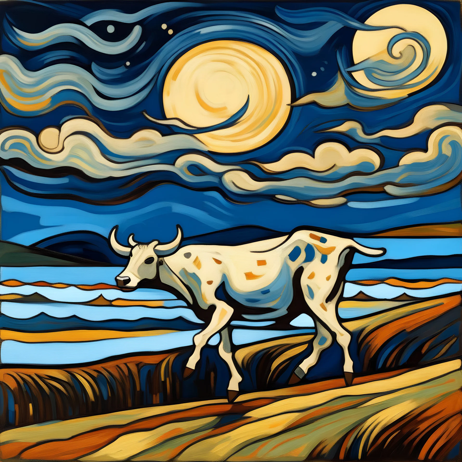una vaca saltando en la llanura pampeana argentina bajo una luna brillante al estilo de Edvard Munch