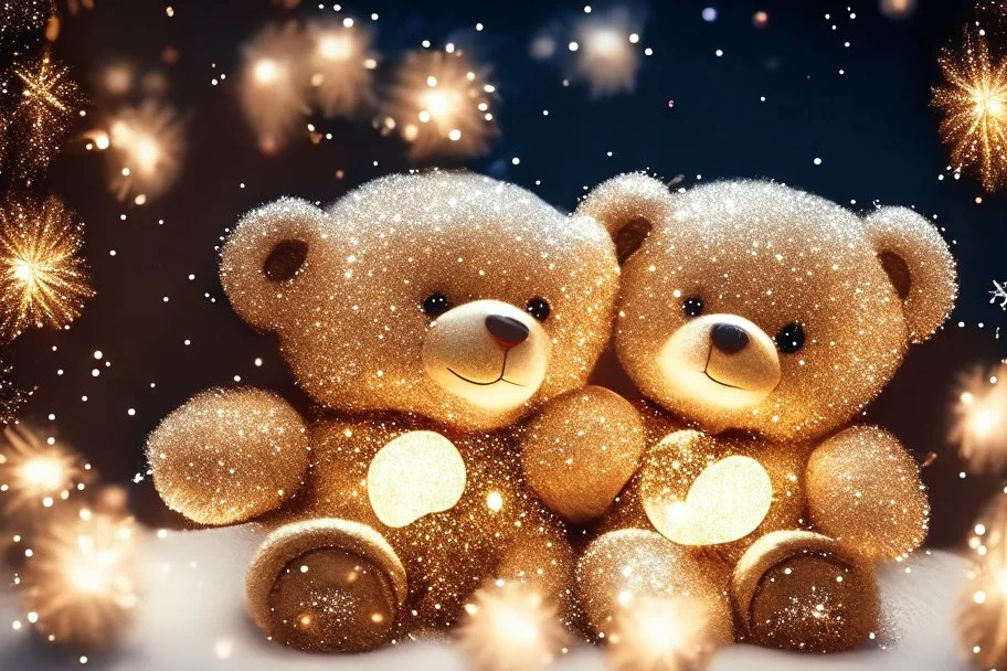 cute teddy bears holding hearts covered in sparkling gold glitter, beautiful winter composition, snowflakes, pine branches, Christmas ornaments and glowing Christmas lights