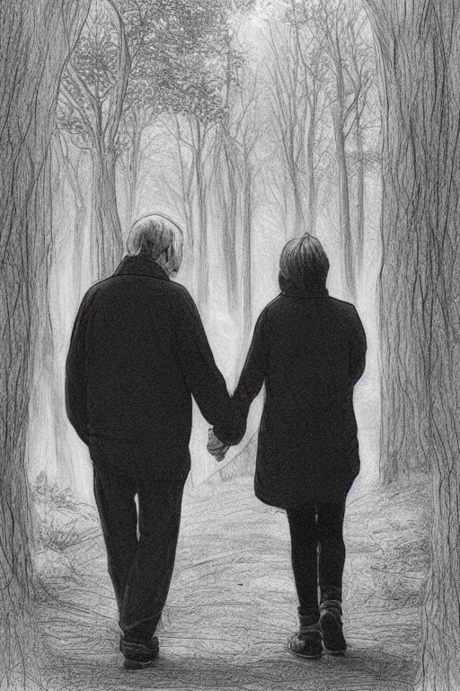 Forest, old couple walking, frontal, model style, hyper realistic, accurate, delicate, extremely detailed, Graphic novel style, wide-angle, front view, open aperture, superfine pencil