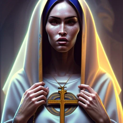 portrait of megan fox as a sultry nun, catholic, church, bible, christian, intricate, headshot, highly detailed, digital painting, artstation, concept art, sharp focus, cinematic lighting, illustration, art by artgerm and greg rutkowski, alphonse mucha, cgsociety