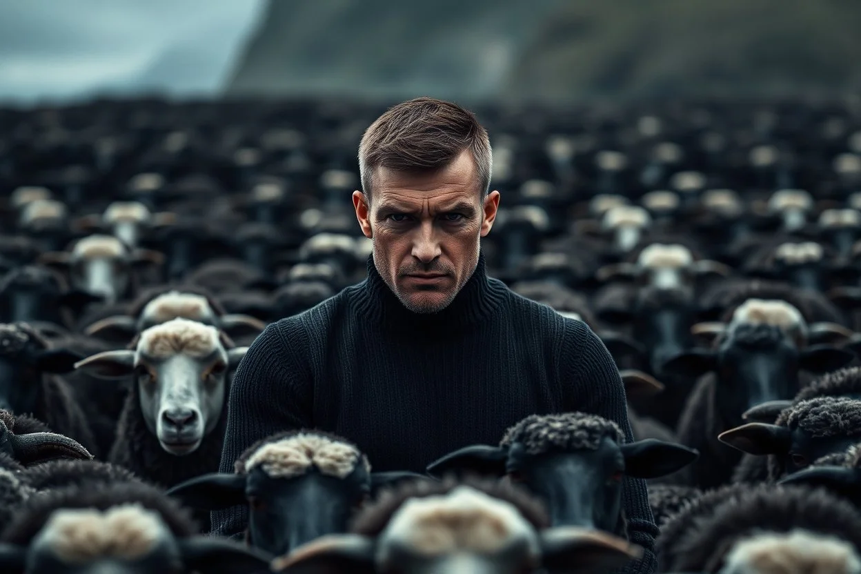 A rugged, intense man standing confidently among a dense herd of black sheep, creating a powerful contrast. Moody overcast lighting, dramatic shadows, ultra-realistic texture of wool and skin. The man wears a dark minimalist sweater, sharp facial features, short styled hair, calm but intimidating expression. Depth-of-field focus with blurred sheep in the foreground, detailed faces in the mid-ground. Dark, desaturated color palette with subtle film-grain. High-end cinematic photography, 85mm lens