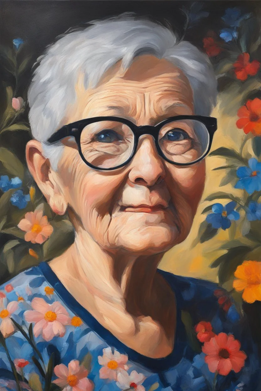 Oil paint on canvas, chiaroscuro, deep shadows, masterpiece, happy, 2020 caught off guard, 79-year-old Phyllis Kendall, short buzz-cut straight, salt and pepper gray hair, overweight, blue eyes, great big, round lensed eyeglasses, wearing a black, floral print, short-sleeved, pull-over shirt, dark blue sweatpants, sitting at the computer checking her emails