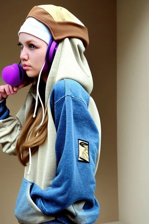 blonde women.Big colored headphones (gold rings!) is merged with small felt cap with visor.thick thighs,thick calves,flat belly,curvy fell. NOVEL kind of hoodie, form which condescends with integrated big flowing bag. It is sewed together of camouflage pieces, whose color are all denim colors,cream, brown, lilac and purple. . Big bright purple felt tippet and birght-colored-hood is merged with colorful beanie. Inside is orange. Style: 1990's Finland