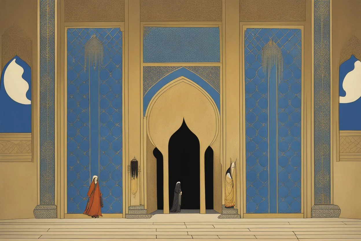 an open gothic_Arab gate in a blue-and-gold-tiled wall with a view of an old city by artist "Beardsley",by artist "Rackham",by artist "Bertha Lum",by artist "Dulac",by artist "Erte"