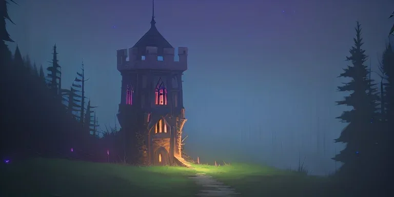 Ruined abandoned overgrown small castle tower in a dense coniferous forest, night, misty, atmospheric, fireflies