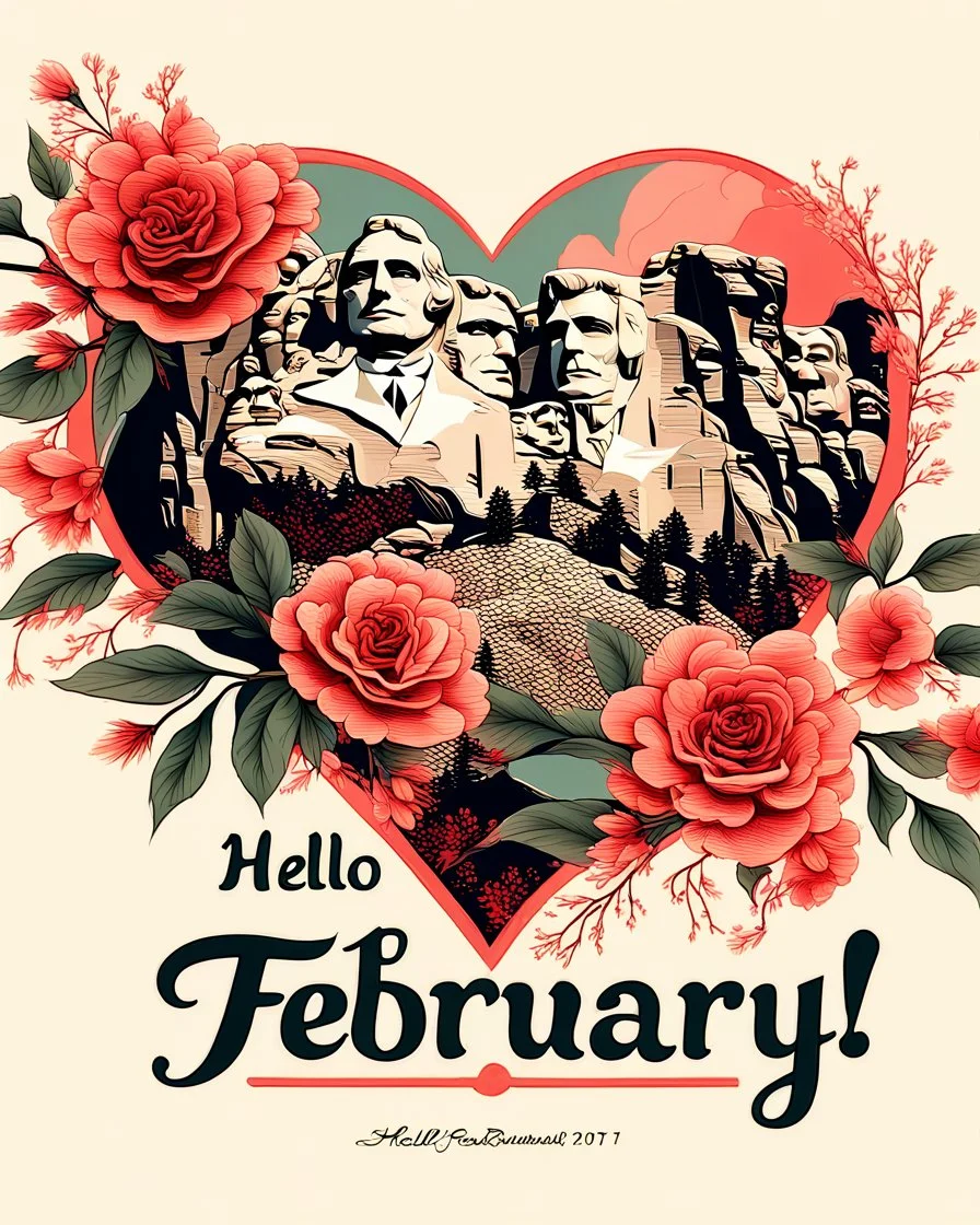 1:1 ratio A highly detailed Image in the style of Art Nouveau, of tastefully painted hearts and flowers in shades of reds, pinks, corals and ivory, add a superimposed transparent image of the president's on Mount Rushmore in the corner. Image is edge to edge, no frame. Bold script text "Hello February!" , wide-angle shot, vibrant color grading, shallow depth of field, adventure, league of legends style concept art