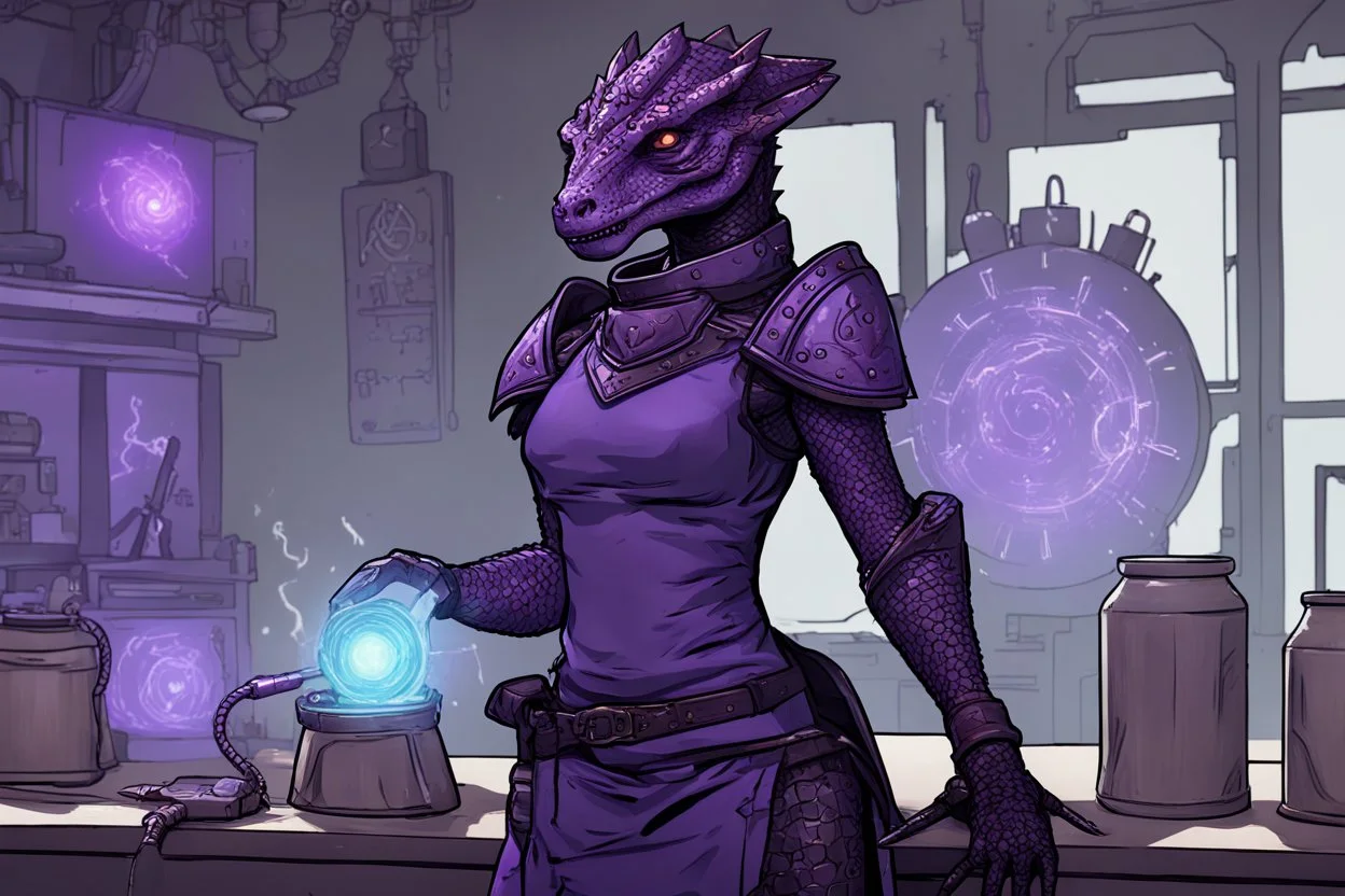 a black and purple, female argonian artificer who uses Tesla coils, skinny, wearing little armor, in her lab