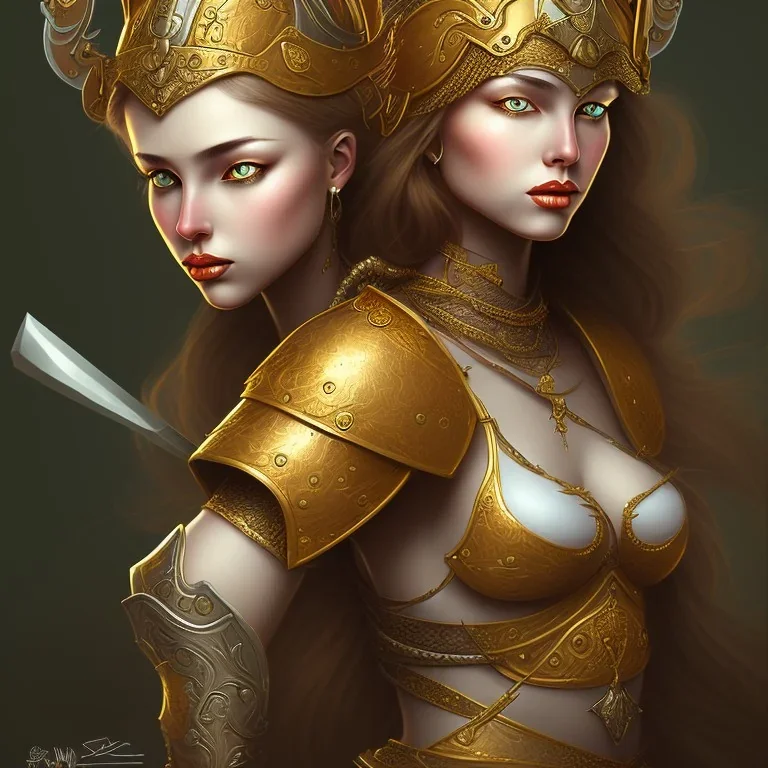 lady warrior with gold top and flower