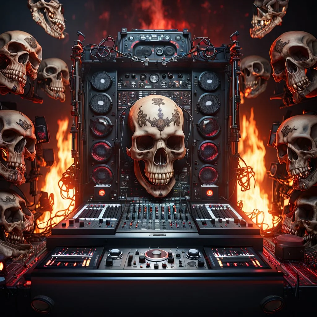 DJ of the damnded, insanely detailed DJ booth in hell, MID set, speakers and equipment made of bone, anatomically correct, add more skulls in th audience, photorealism, vray, 8k 3d https://stablecog.com/generate?o=a67b60e0-edd2-418d-9744-d1d585055d7fv https://stablecog.com/generate?o=93026b00-ac6b-436a-bc57-6aa04073d4a9