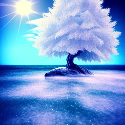 Crystal, white tree,dragons,sparkly atmosphere, fantasy, scenery, crashing waves, no leaves, rocky shoreline