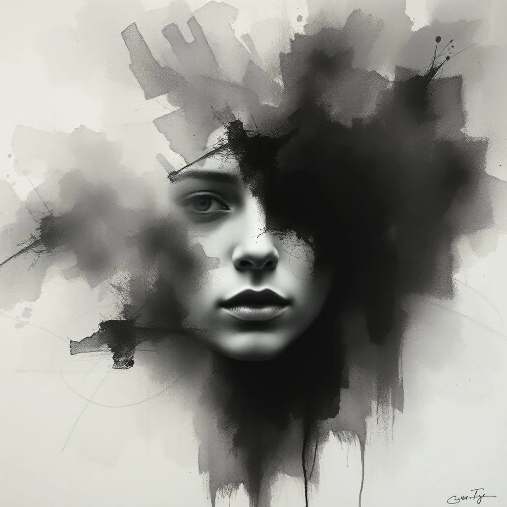 A hauntingly beautiful abstract portrait of a human face emerging from soft charcoal strokes. The figure is partially obscured with blurred, smudged textures, creating an ethereal and ghostly effect. The face conveys subtle sadness and mystery, with deep shadows and faint highlights giving it a timeless ...