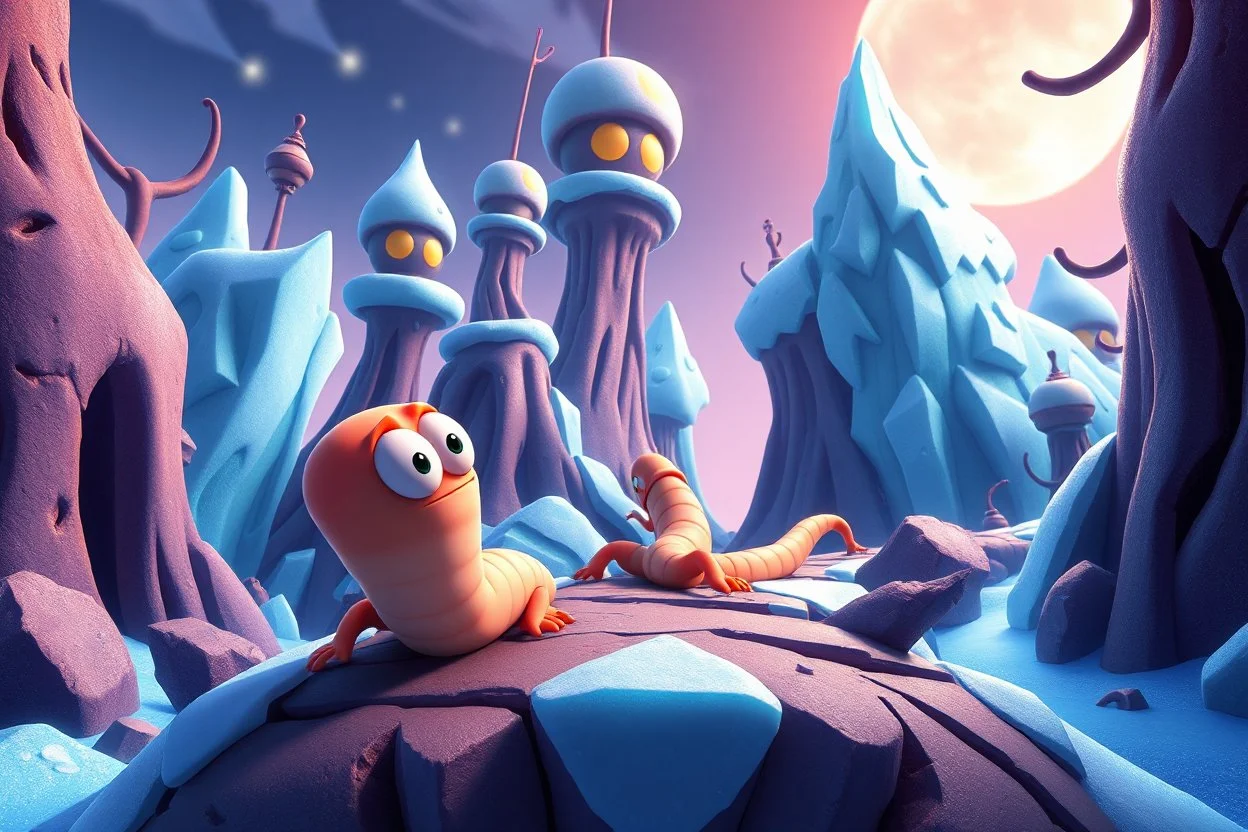 worms character in worms game crawling through 2d platformer with frozen artic jungle with weird alien towers gets torn apart under him, in the style of Pixar, expertly crafted in a whimsical and vibrant cartoon style. is masterfully rendered in a lifelike 3D design, which captivates viewers with there irresistible charm.