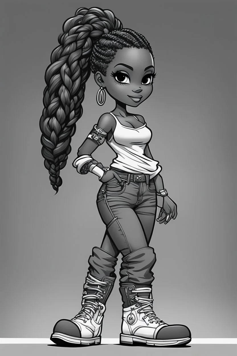 Create a black and white coloring page of a cartoon of a curvy African American chibi female wearing tight jeans and a off the shoulder blouse. She is also wearing timberland boots.. Highly detailed very long extremely braids of hair. Her skin is smooth and silky. Background of a track of ATV riders. No coloring, no shading, no grayscale,