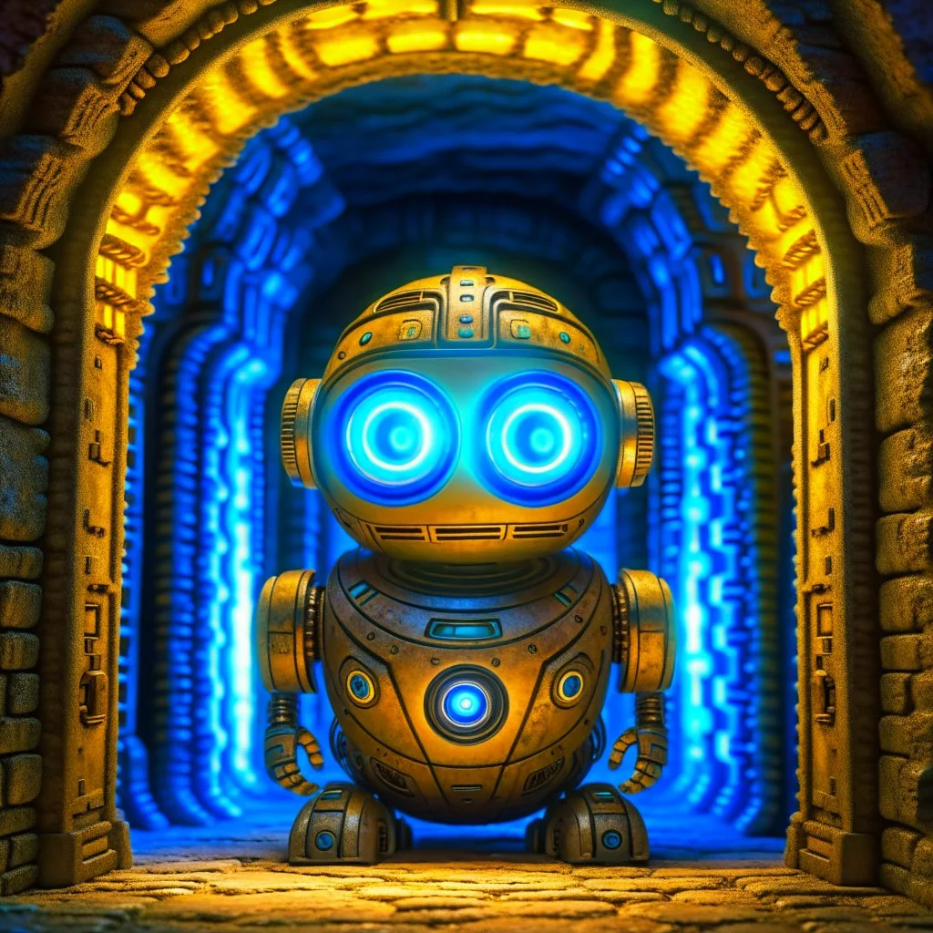 portrait of ancient godlike cute eyed chat robot, in front of teleporter portal to the sea in an underground grove, 8k, down-light, soft light, depth of field, photo realism, trending on art station, high detail