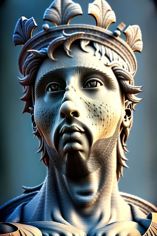 Ultra Realistic image, classical renaissance sculpture, white marble material, Lionel Messi, Laurel leaves crown, chisel style, waist up portrait, epic, celestial, cinematic lighting, God light, god rays, 4k resolution, smooth details, ornate details, soft lighting, unreal engine 5, marble background.