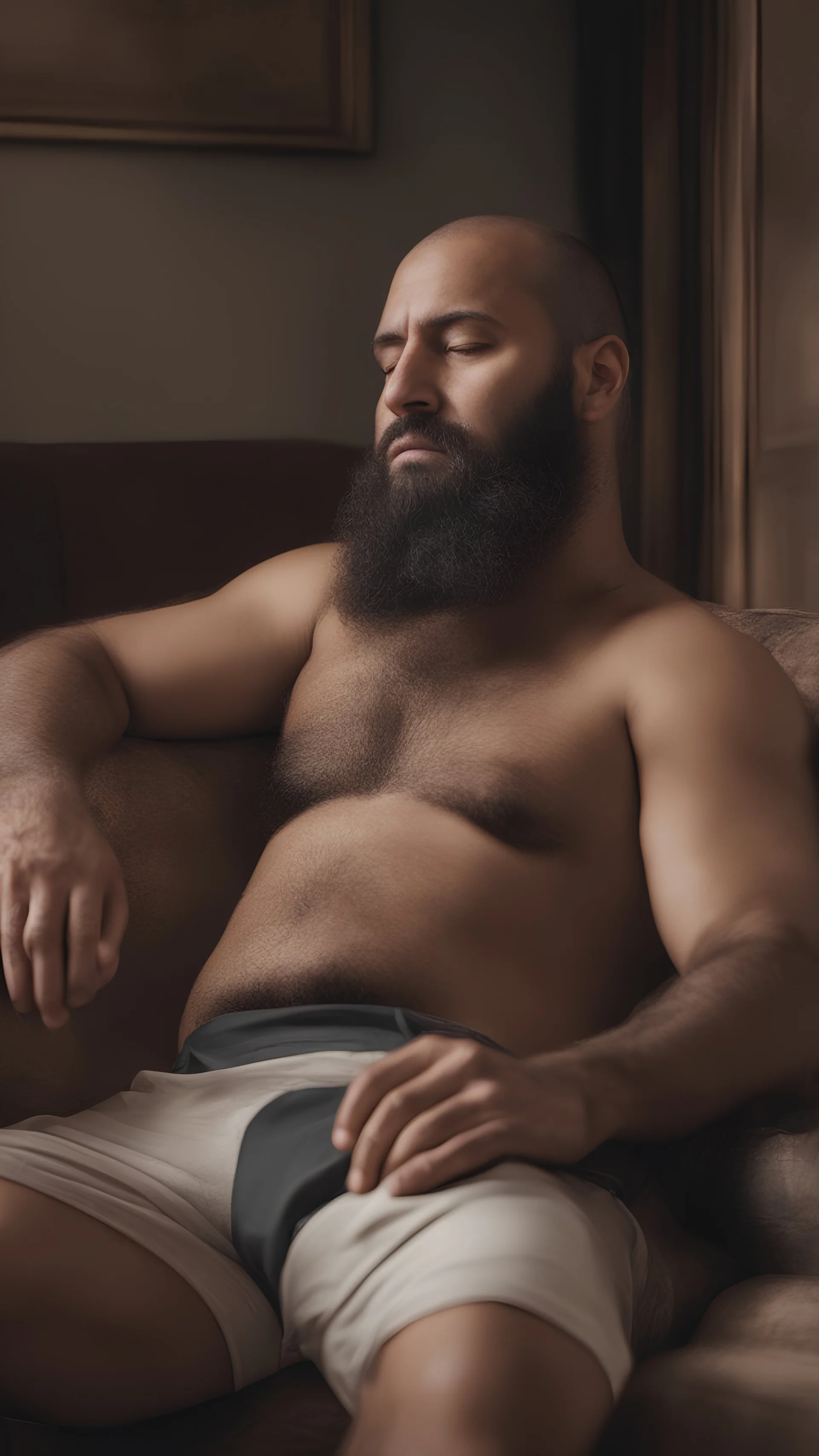 photorealistic, photography, full figure shot, an hairy men sleeping over an old sofa, hands behind the neck, Realistic photography, shirtless, shorts, well defined facial features, strong muscular chubby sweat dirty arab, ugly , 38 years old , open legs, manly chest, big shoulders, manly torso, long beard, dirty ripped tracksuit , very dark living room, dim light, ambient occlusion, view angle from below, frontal view from the ground