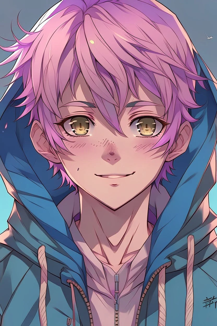 An anime man with messy short pink hair, slight smile, and narrow blue eyes wearing a hooded jacket Realistic.