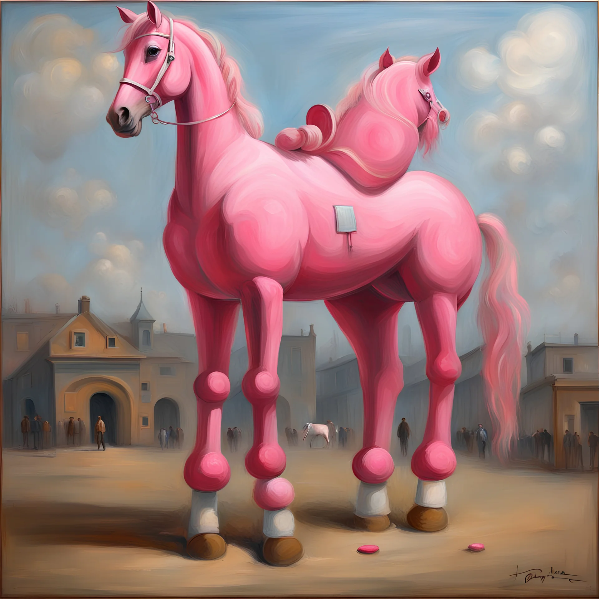 Big pink toy horse.19th painting