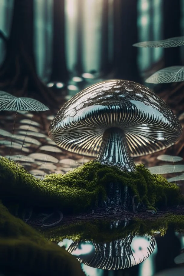 chrome mushroom in prehistorical forest, 4 k, trending art, depth of field, high detail, high contrast