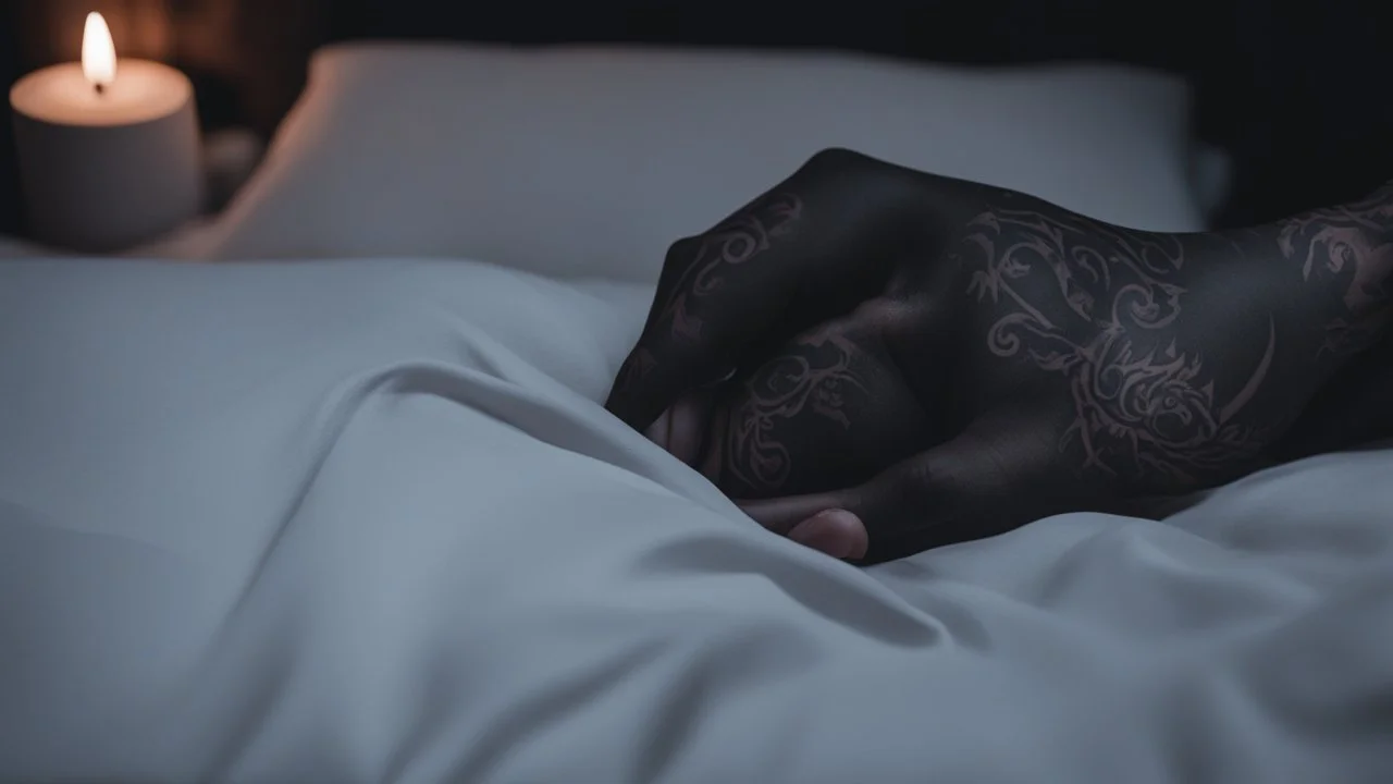 zoom on a feminine menacing hand with magic tattoos grabbing the sheet of a bed. [in the darkness of a bedroom, black magic and succubus demon] You barely open your eyes before a dark hand grabs your ankle.