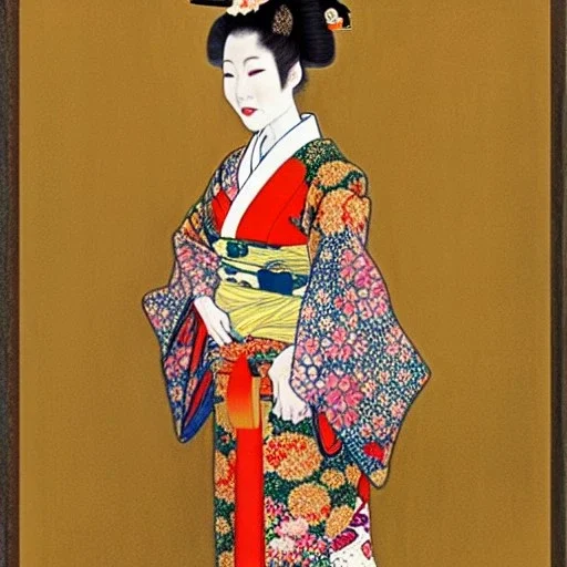 Retrato de cuerpo entero una Geisha con kimono con Katana con el estilo de Gustav Klimt