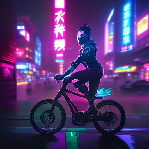 photo of a ninja riding a bike; in an alternate universe in tokyo; cyberpunk; realistic; rain; neon signs