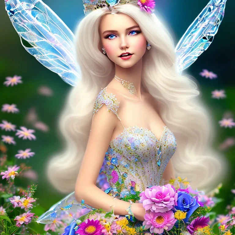 fantasy fairy with transparent wings, smiling, make up, long platinum blond hair with crown and flowers, blue dress, flowers in background