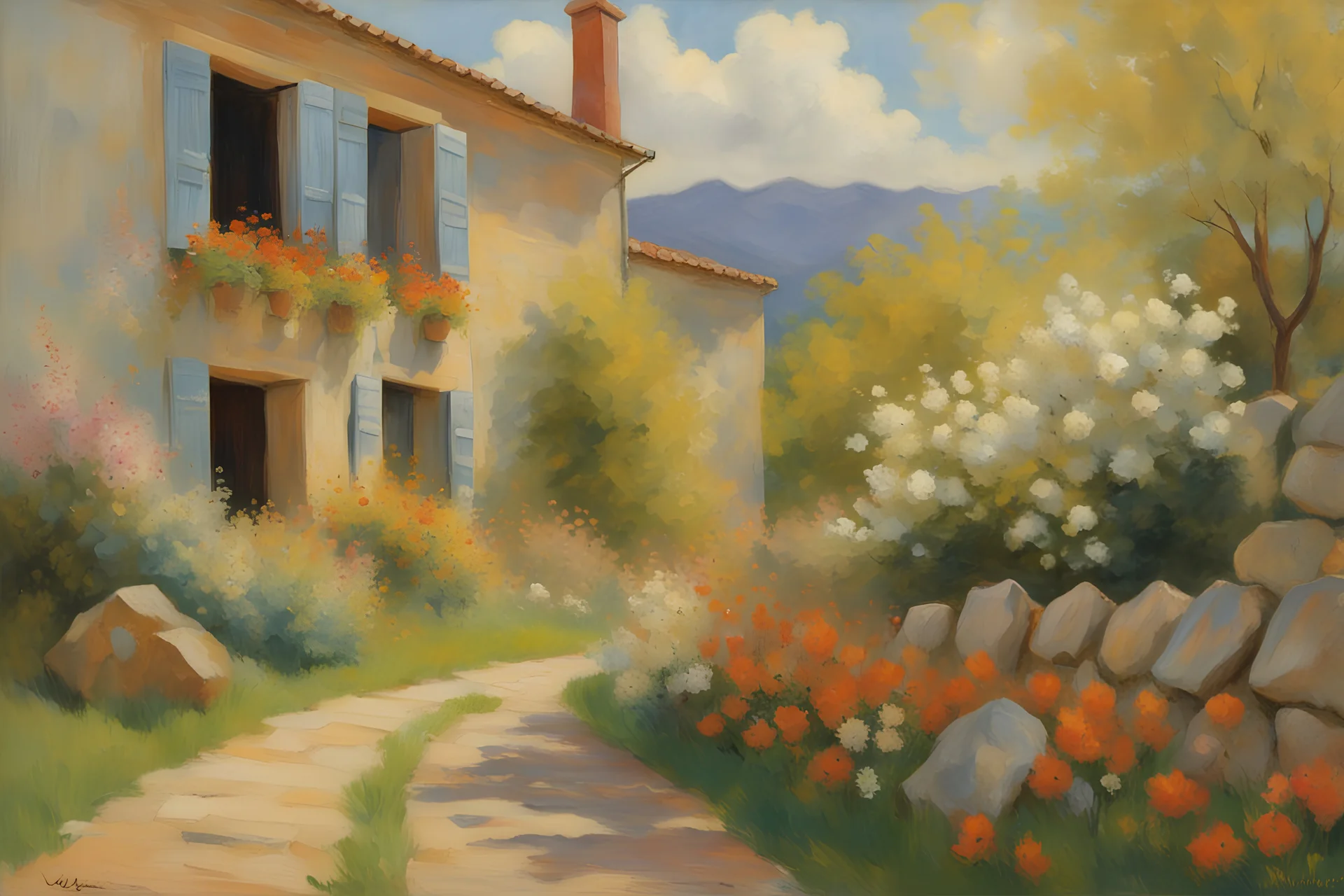 sunny day, clouds, epic mountains, stone wall, flowers, spring trees, spring influence, rocks, distant house, very epic, claude monet, alfred stevens, and georges lemmen impressionism paintings