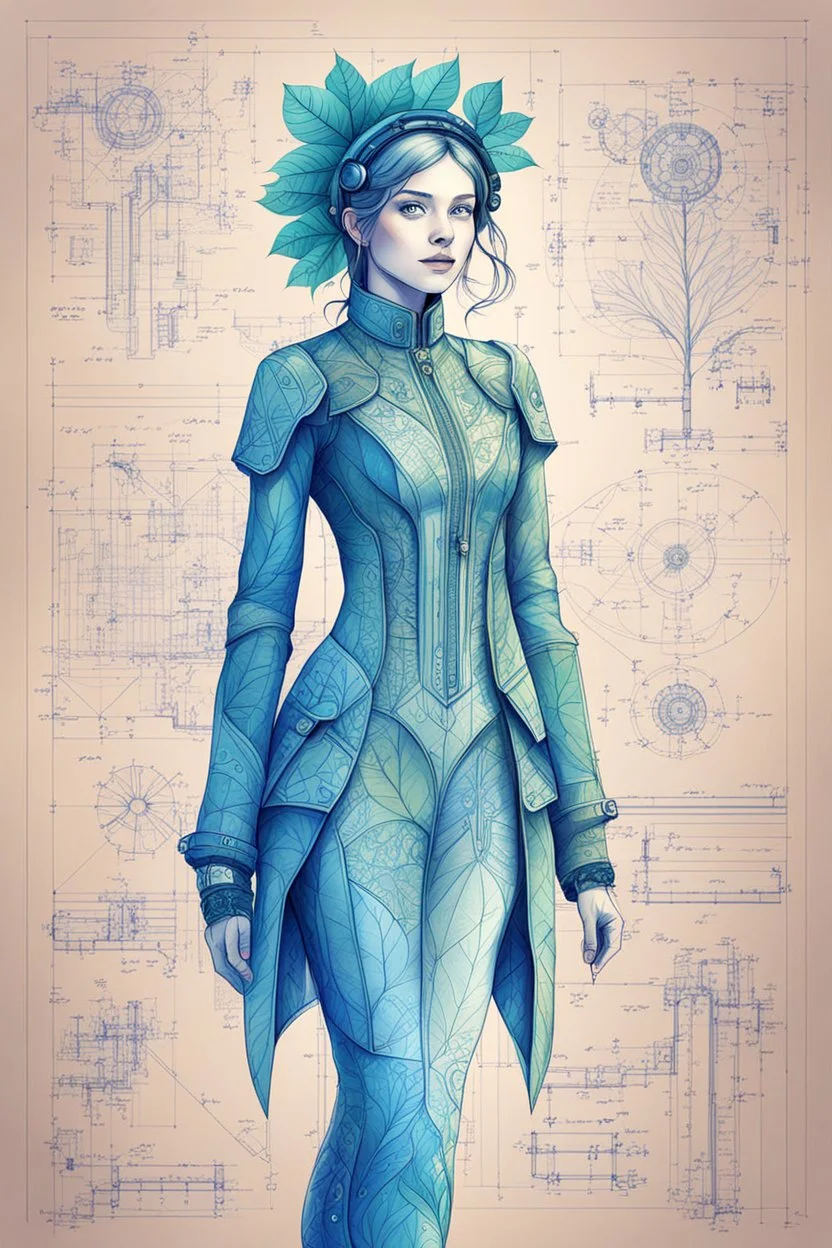 Hand drawn technical,full body portrait illustration , with detailed blueprints and engineering schematics of a walking leaf girl, with highly detailed facial features, drawings, and technical notation, 8k, vibrant natural colors