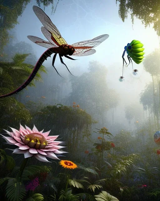 large venus fly trap with teeth eating a dragonfly, flowers, jungle, hyperrealistic, trees in background, digital art, alien like, disgusting, intricate, morbid, rainy, sinister, volumetric lighting, unreal engine, high resolution, 8k, depressing colors, dark colors,