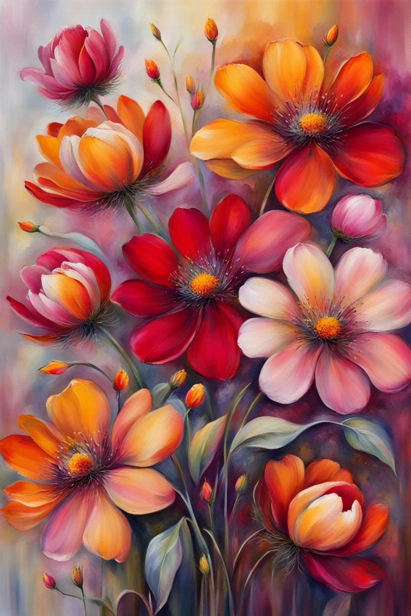 red, orange, yellow, pink flowers , detalied, extremely high textured, etheral stunning botanical theme, with five, very thick layers of paint, blur background