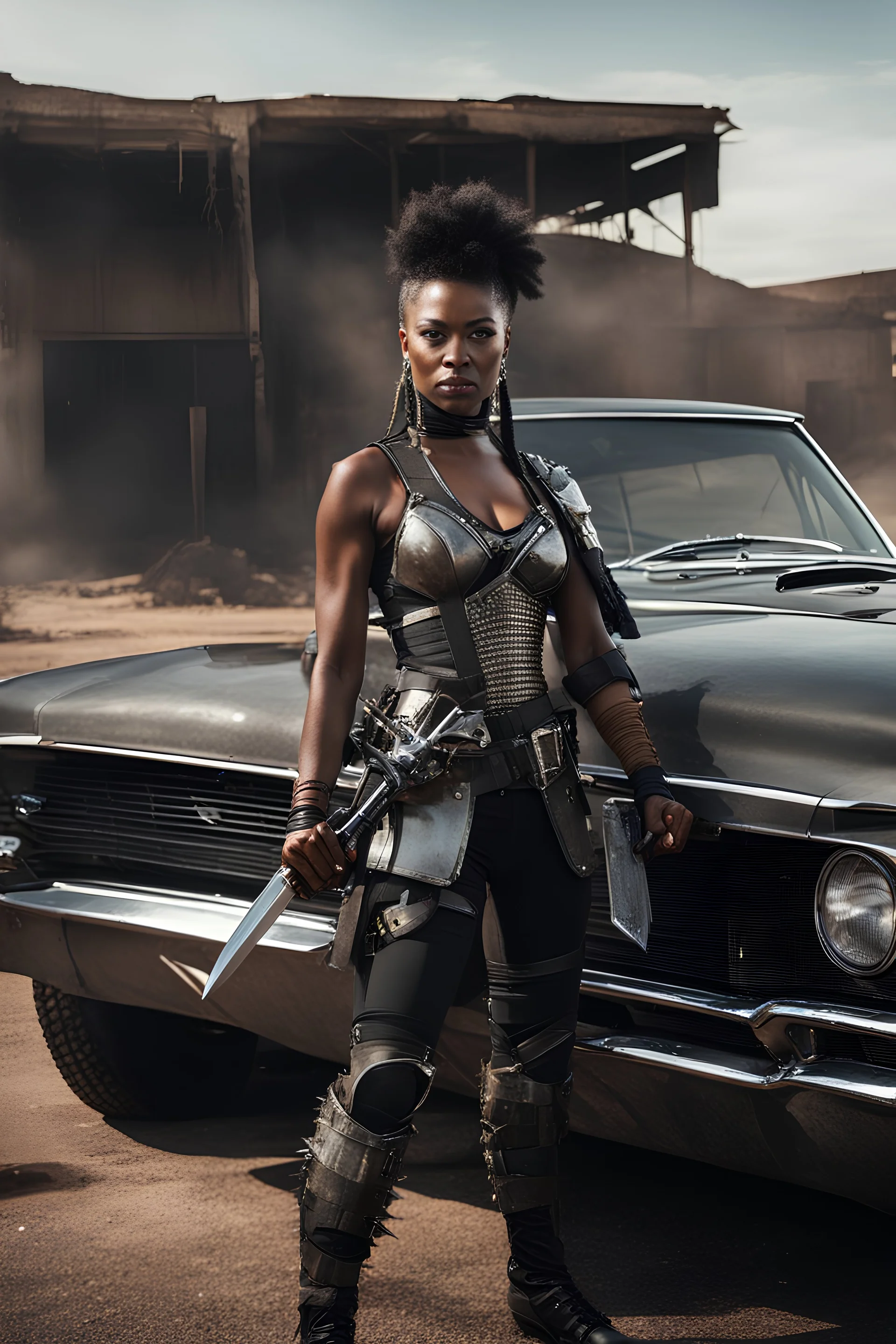 Post-apocalyptic, beautiful african american female warrior with spiked armor holding a sword standing in front of a 1960s matte black Lincoln car