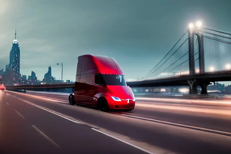 A Tesla 'Semi' (semi truck) is going at a high speed, on the 'FDR Drive', eastern Manhattan. (CINEMATIC, WIDE ANGLE LENS, PHOTO REAL)