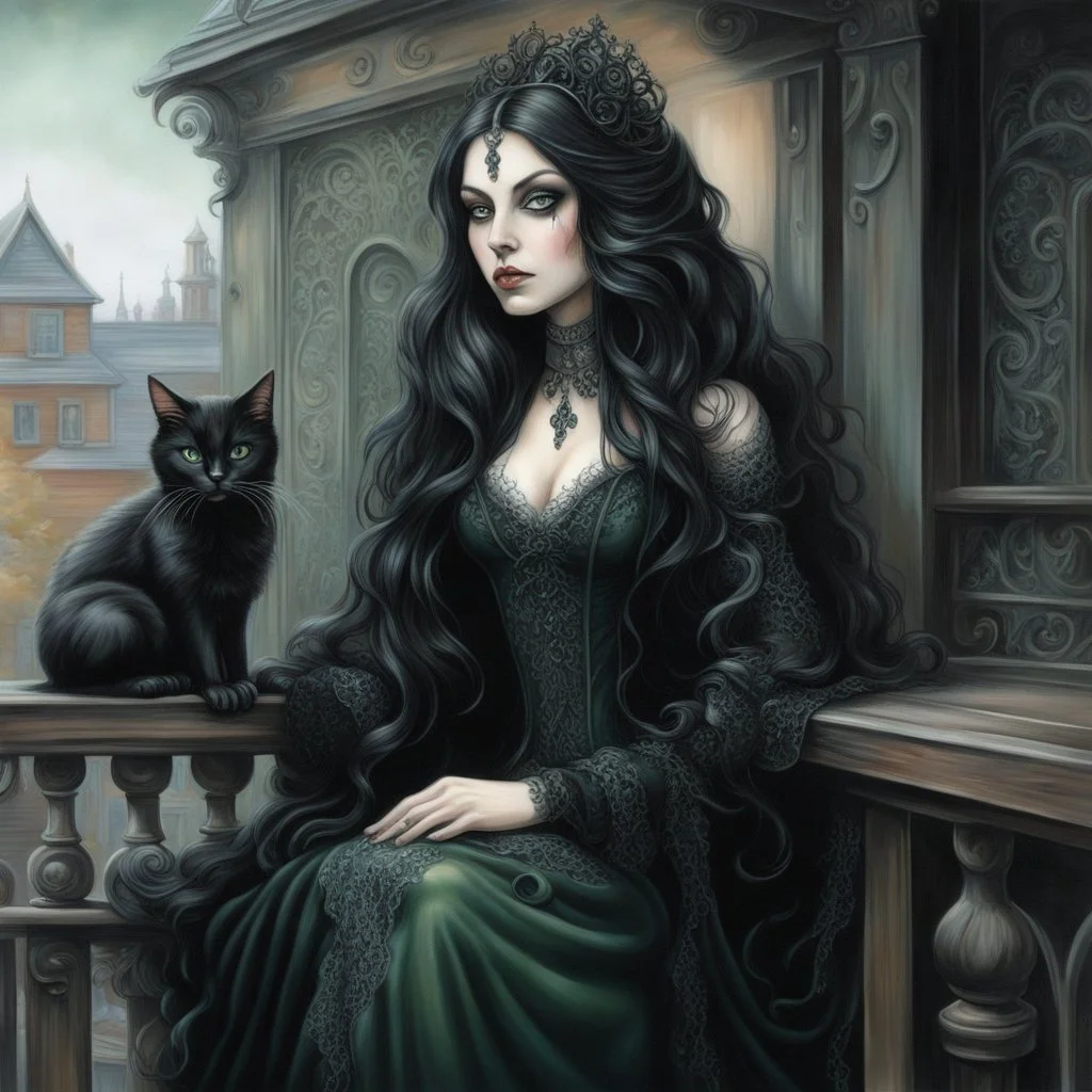 Detailed airbrush and oil illustration of a mysterious woman with long flowing black hair, dressed in an elaborate gothic costume with lace trim and dark velvet. She sits gracefully on the railing of a weathered wooden balcony and looks piercingly at the viewer. Next to her sits an elegant black cat with hypnotic green eyes on the railing, its fur shimmering in the soft moonlight. The background is white to remove