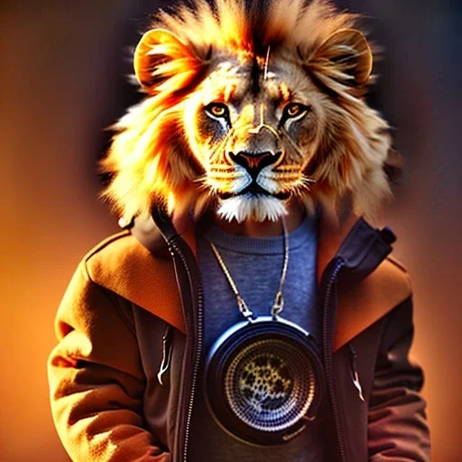 Lion toddler, smile, steampunk headphone, sunglass, gangsta neckless, full body, orange puffer jacket, tokio background, dramatic lighting, hyper realistic, unreal engine 5, 16k