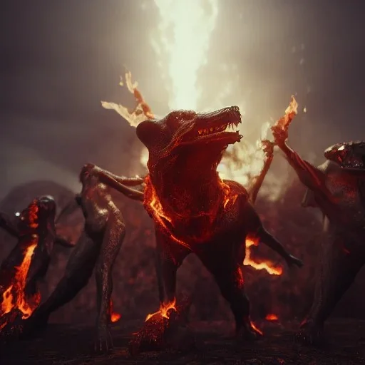 Cerberus, character-design, fire pouring from each mouth, full body, fiery dark skies in the underworld with Hades in the background, 8k, highly detailed, hyperreal, octane render, hdr, dark, sparkling lights, mysterious, surrealism, campbell white, 8K