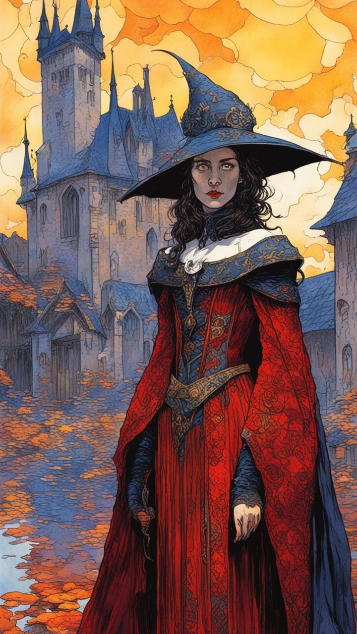 ink oil, full body portrait painting of a medieval vampire girl in the impressionist style of Childe Hassam, mixed with art nouveau, and abstract impressionism, and the comic art style of Jean-Giraud Moebius ,precise and sharply defined edges, in vibrant natural colors