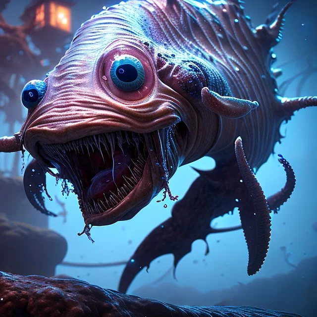 fluid ink angler fish creature, unreal engine 5, 8k resolution, photorealistic, ultra detailed