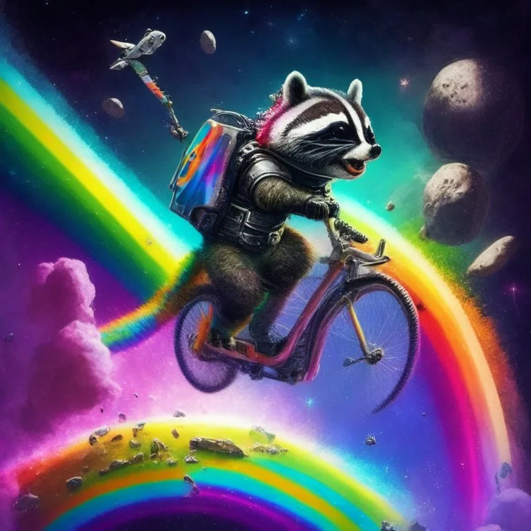 A raccoon astronaut riding a rainbow bike on a mission to gather space trash, jumping over asteroids as he goes.