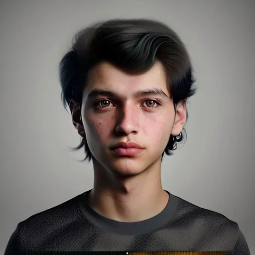 portrait of a teenager boy with curly black hair and amber eyes